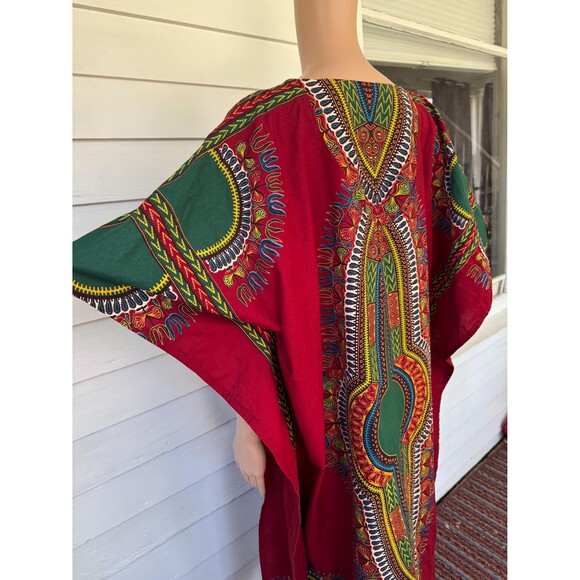 Red Print Dashiki Kaftan Dress Maxi Long Vintage One Size XL XXL - Picture 3 of 7